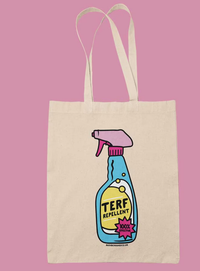 tote bag with an illustration of a spray bottle that says terf repellent