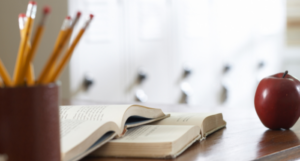 a photo of a teacher's desk