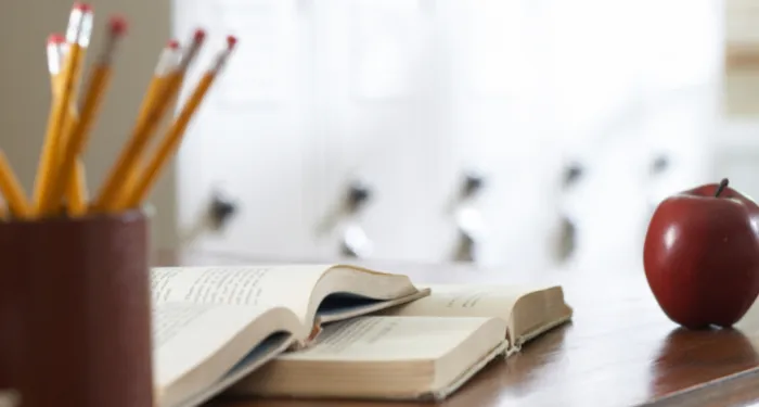 a photo of a teacher's desk