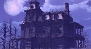 purple hued haunted house image