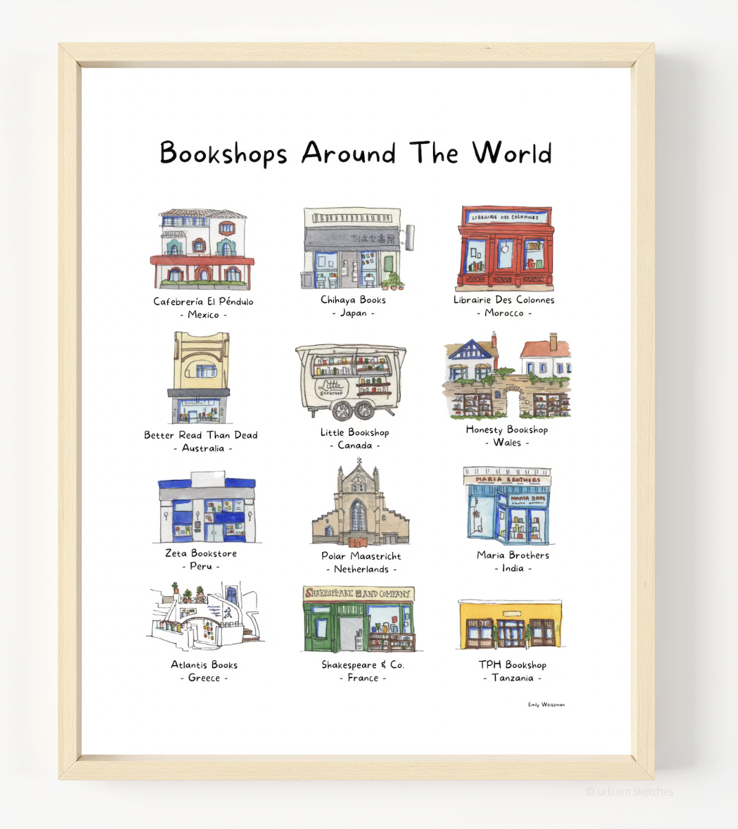 Image of a framed art print with title "Bookstores Around the World" with small watercolor paintings of the storefronts of twelve bookstores