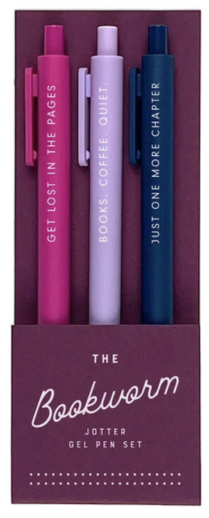 a set of three gel pens (pink, lilac, blue) with bookish quotes on them