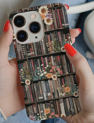 a cell phone case illustrated to look like a book case filled with books and flowers