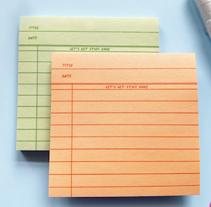 sticky note pads that look like library cards in sherbert and light green colors