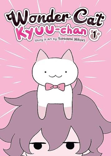 cover of Wonder Cat Kyuu-chan by Sasami Nitori; pink with a white cat wearing a pink bow tie