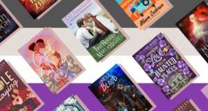 collage of asexual romance novels against a background of the asexual pride flag