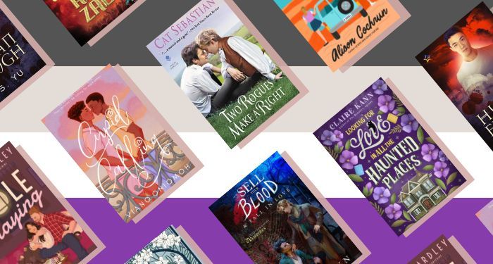 collage of asexual romance novels against a background of the asexual pride flag