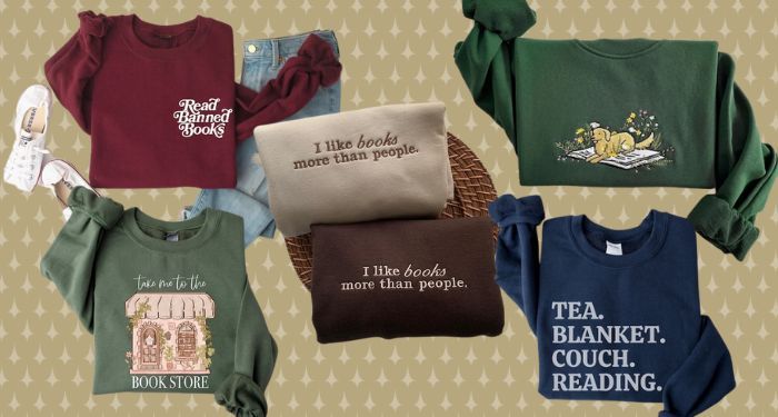 five bookish crewneck sweaters in assorted colors