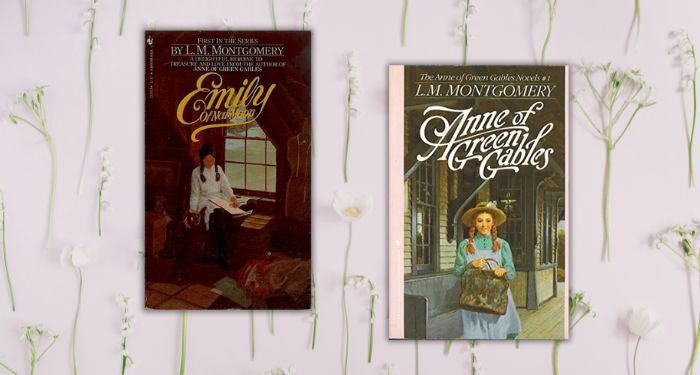 book covers of Emily of New Moon and Anne of Green Gables against a background of cut flowers