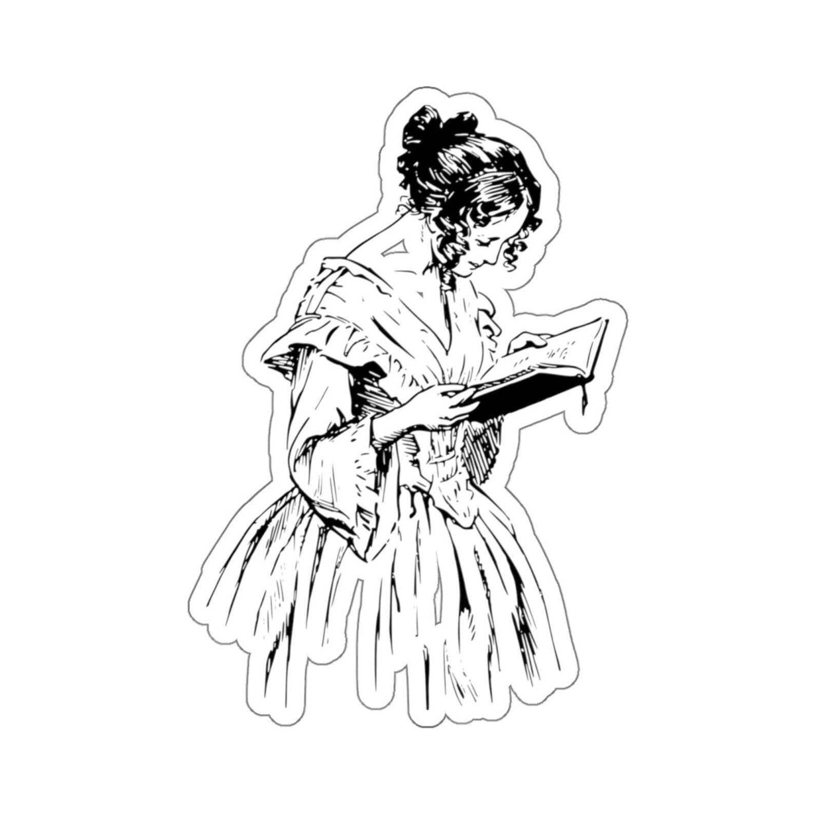 a graphic of an illustration of a woman in victorian dress reading