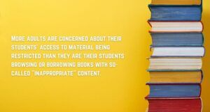 stack of colorful books on yellow background. Beside it is white text from the article about student access to books