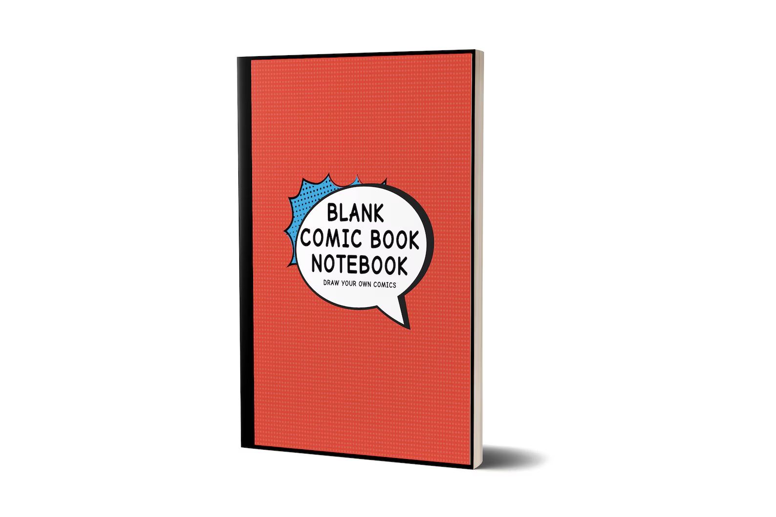 A book with a bright red cover titled "Black Comic Book Notebook"