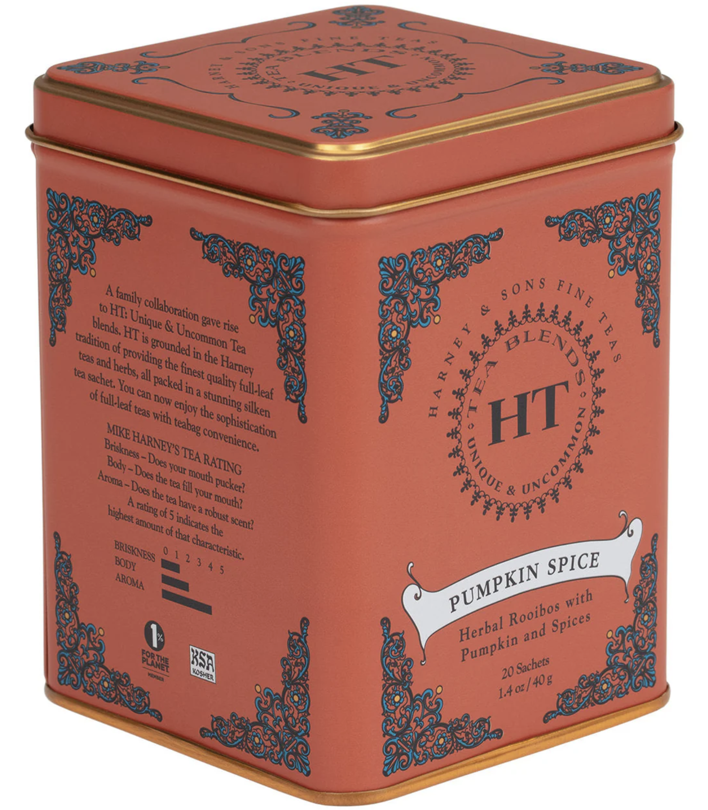 Harney and Sons pumpkin spice tea in orange tin