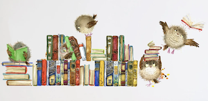 watercolor image of illustrated owls with stacks of books as a wall decal