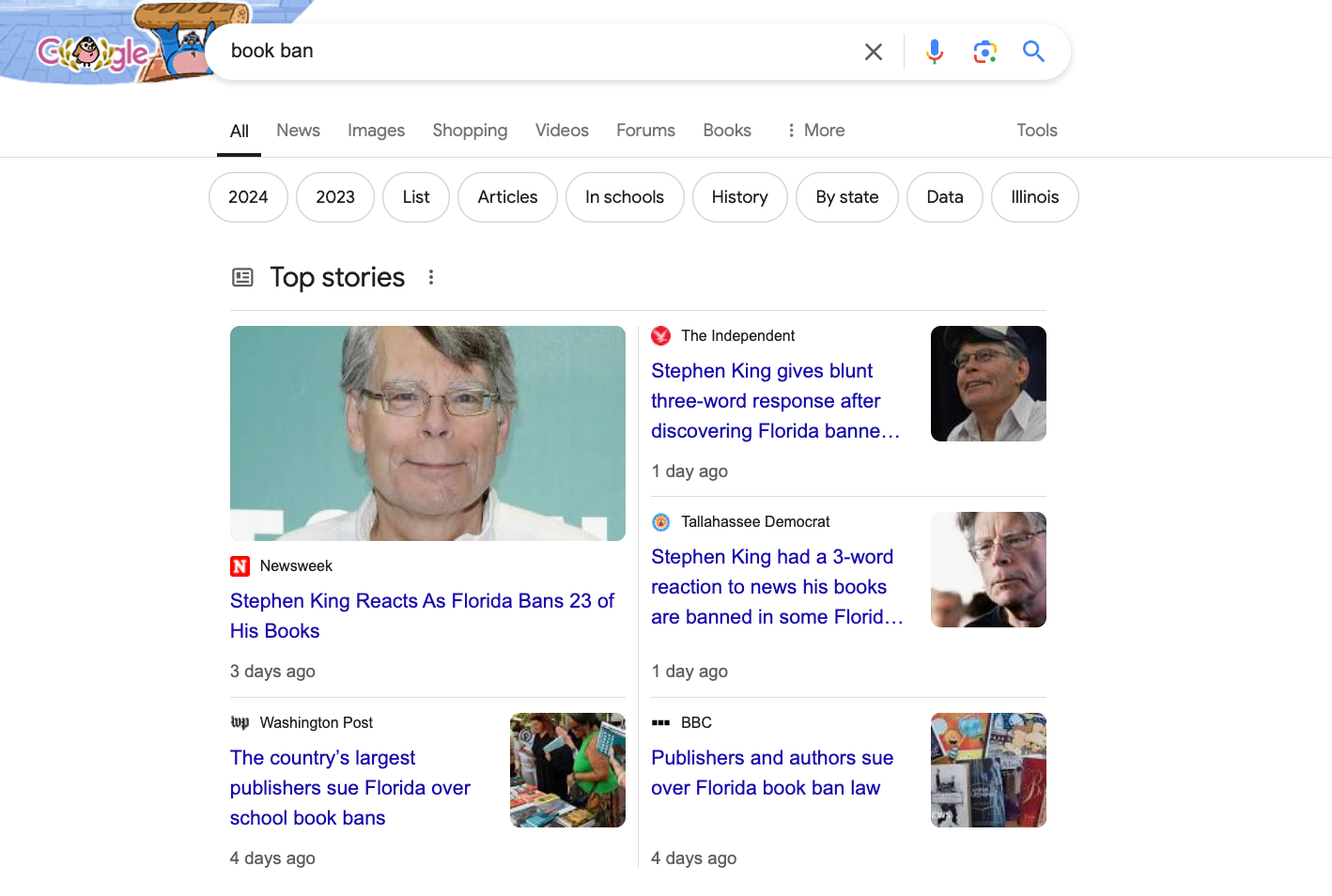 Screen shot of a google search for "book ban." Three of the five stories are about Stephen King. 