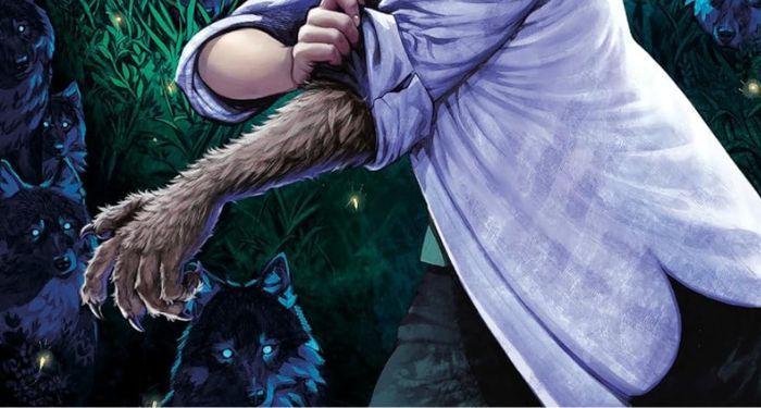 cropped cover of the graphic novel Full Shift, an illustration of a teen girl with one human arm and one werewolf arm