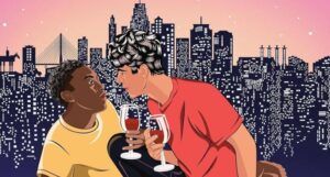 cropped cover of I'll Have What He's Having by Adib Khorram showing an illusrated Black man and Iranian man drinking wine and embracing