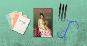 Items from Ottessa Moshfegh's celebrity shopping list from The Strategist and the cover of MY YEAR OF REST AND RELAXATION