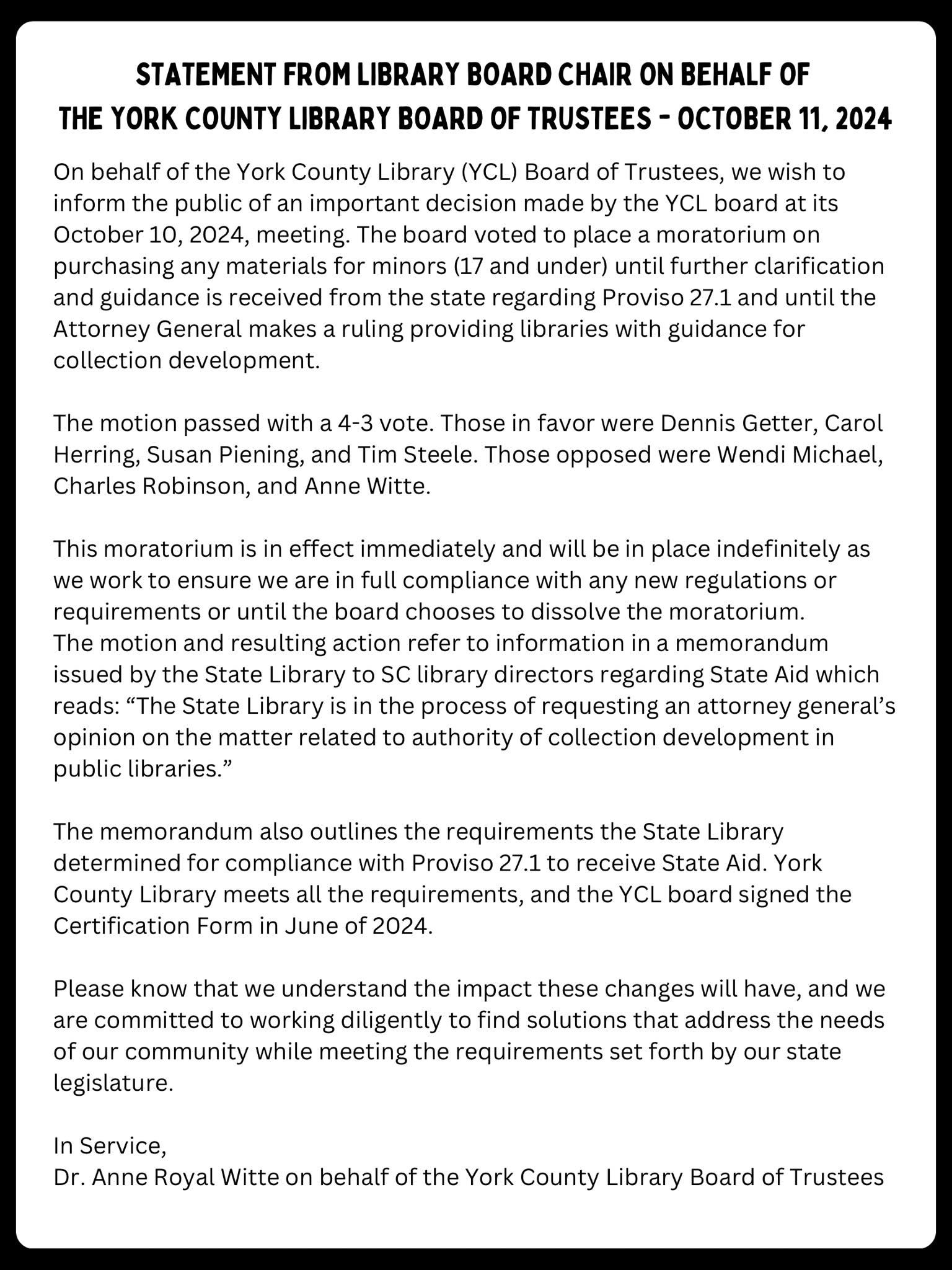 york county library statement from october 10 meeting