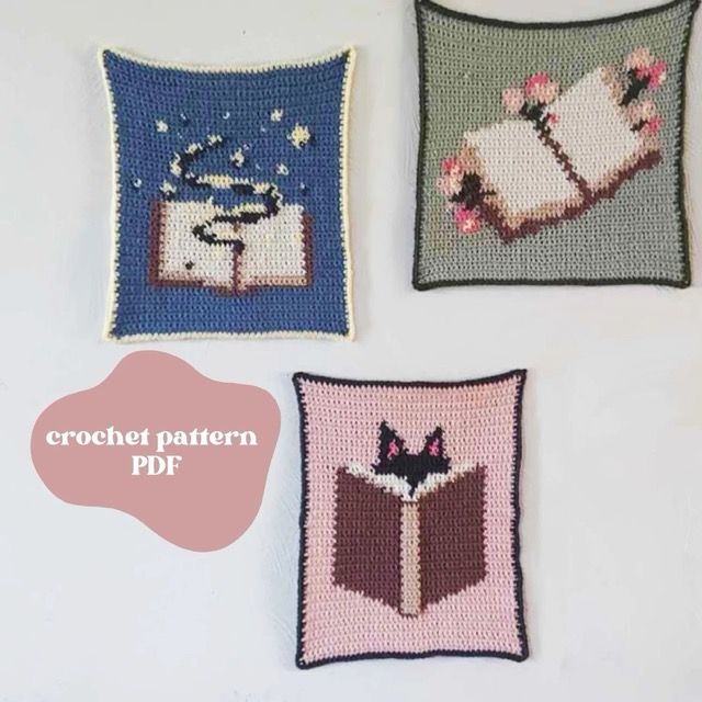 Three Book Lover Tapestry Crochet Patterns on a white background with the text crochet pattern pdf.