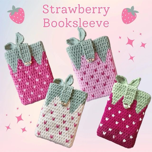 Four strawberry booksleeves on a pink and blue background with the text strawberry booksleeve