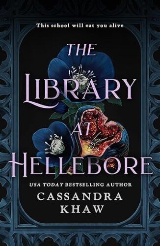 cover of The Library at Hellebore by Cassandra Khaw; illustration of rotting fruit and blue flowers with a wasp on them