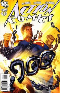 The cover of Action Comics #900, showing Superman bursting free of chains that spell out "900."