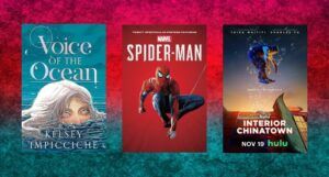 book cover of Kelsey Impicciche's new book, a poster of Marvel's Spider Man, and a poster of Hulu's Interior Chinatown