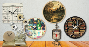 a collage of bookish clocks