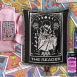 a collage of bookish tarot gifts