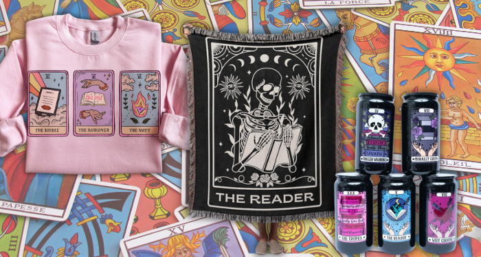 a collage of bookish tarot gifts