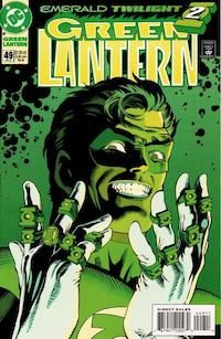 The cover of Green Lantern #49, showing Hal Jordan grinning diabolically, his fingers covered in Green Lantern rings.