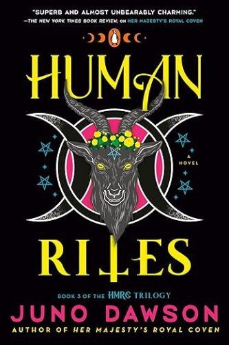 cover of Human Rites by Juno Dawson; image of a goat wearing a flower crown and a pentagram on its head