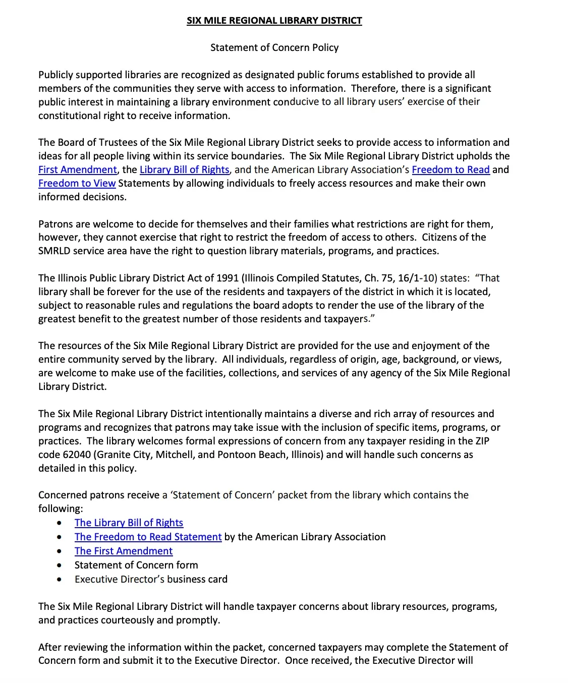 Statement of Concern policy from Six Mile Regional Library District.
