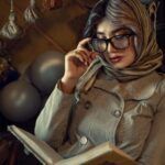 a lighter-skinned woman in a hijab and glasses reading while leaning against a brick wall