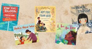 five book covers of children's immigrant and refugee stories