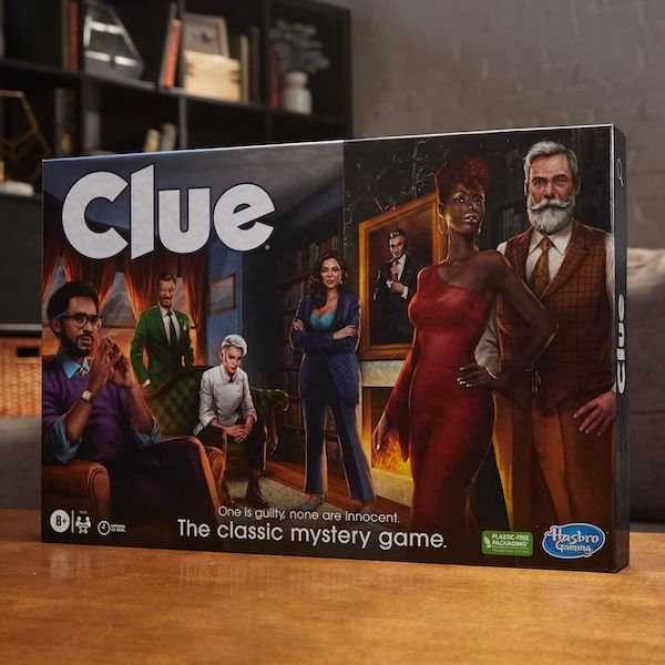 Clue board game box on a wood surface