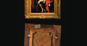 partial cover of Con/Artist showing a painting with FAKE written across the back