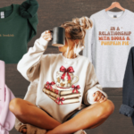 a collage of bookish holiday sweatshirts