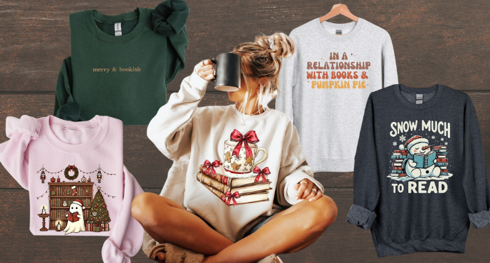 a collage of bookish holiday sweatshirts