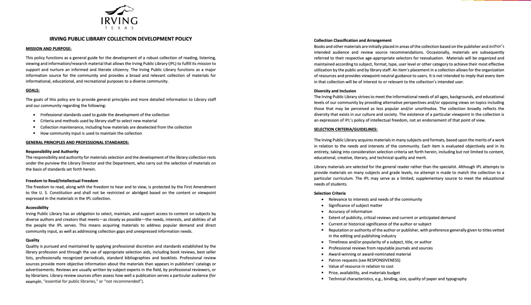 page 1 and 2 of the Irving Public Library's collection development policy.