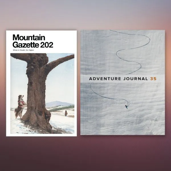 two magazine covers: one for Mountain Gazette and one for Adventure Journal