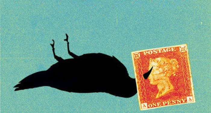 movie poster showing a crow with a postage stamp stuck on its beak