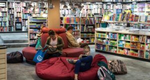 people reading in a library