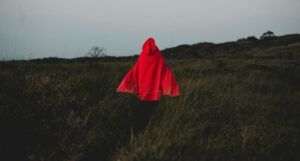 person in red hood in a field