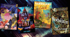 a collage of four new SFF books