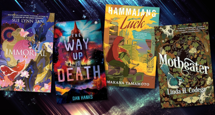 a collage of four new SFF books