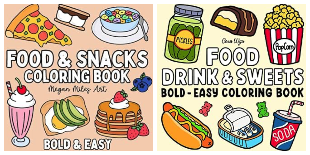 image of meg miles art's food & snacks coloring book beside coco wyo's food drink & snack coloring book