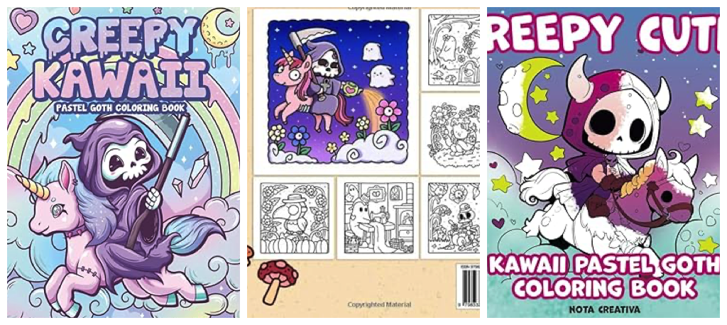 Image of three coloring books featuring a grim reaper on a unicorn. The first was by Leriza May, published in 2021. The following are CoCo Wyo's June 2024 coloring book and the last, Nota Creativa's August 2024 cover.