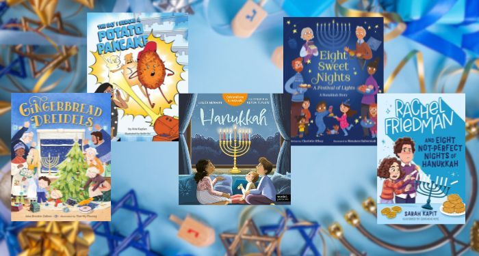 five covers of children's books about Hanukkah